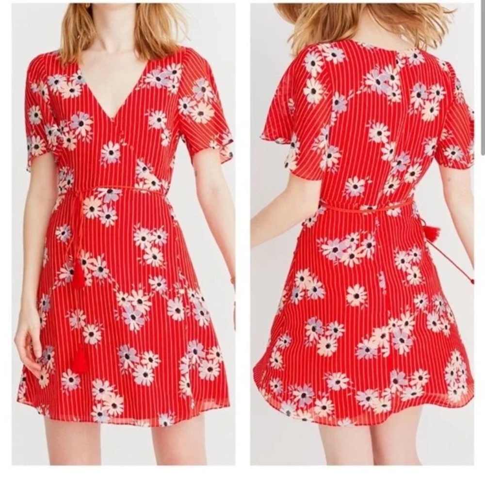 Madewell Red Floral Pinstripe Wrap Mini Dress Tassel Tie Short Sleeve Size 6